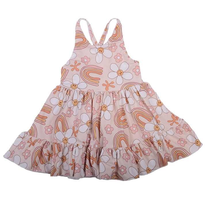 Wholesale ruffle overall girls Dress Custom rainbow Pattern Fall Girl Dresses Baby Toddler Petal Sleeve Girl Twirl Dress