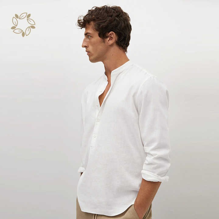 100% Linen shirts for men sustainable regular fit mao collar linen shirt men camisas long sleeve men's shirt